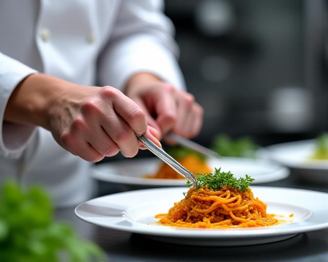 Lo Chef di Ambrosia Trattoria mentre impiatta